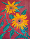 Sunflowers Atainst a Red Barn with Bumble Bees